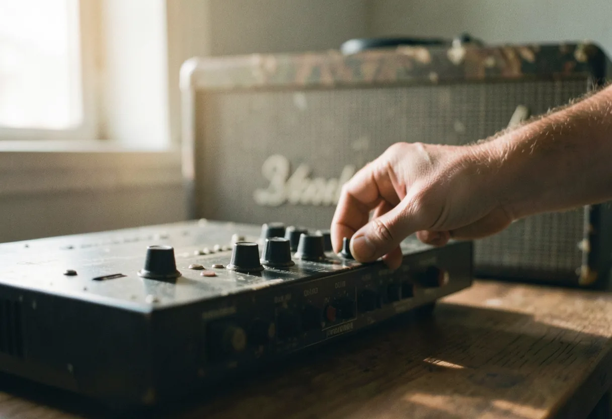 A vintage audio interface with a worn control panel on a wooden desk. audio interfaces