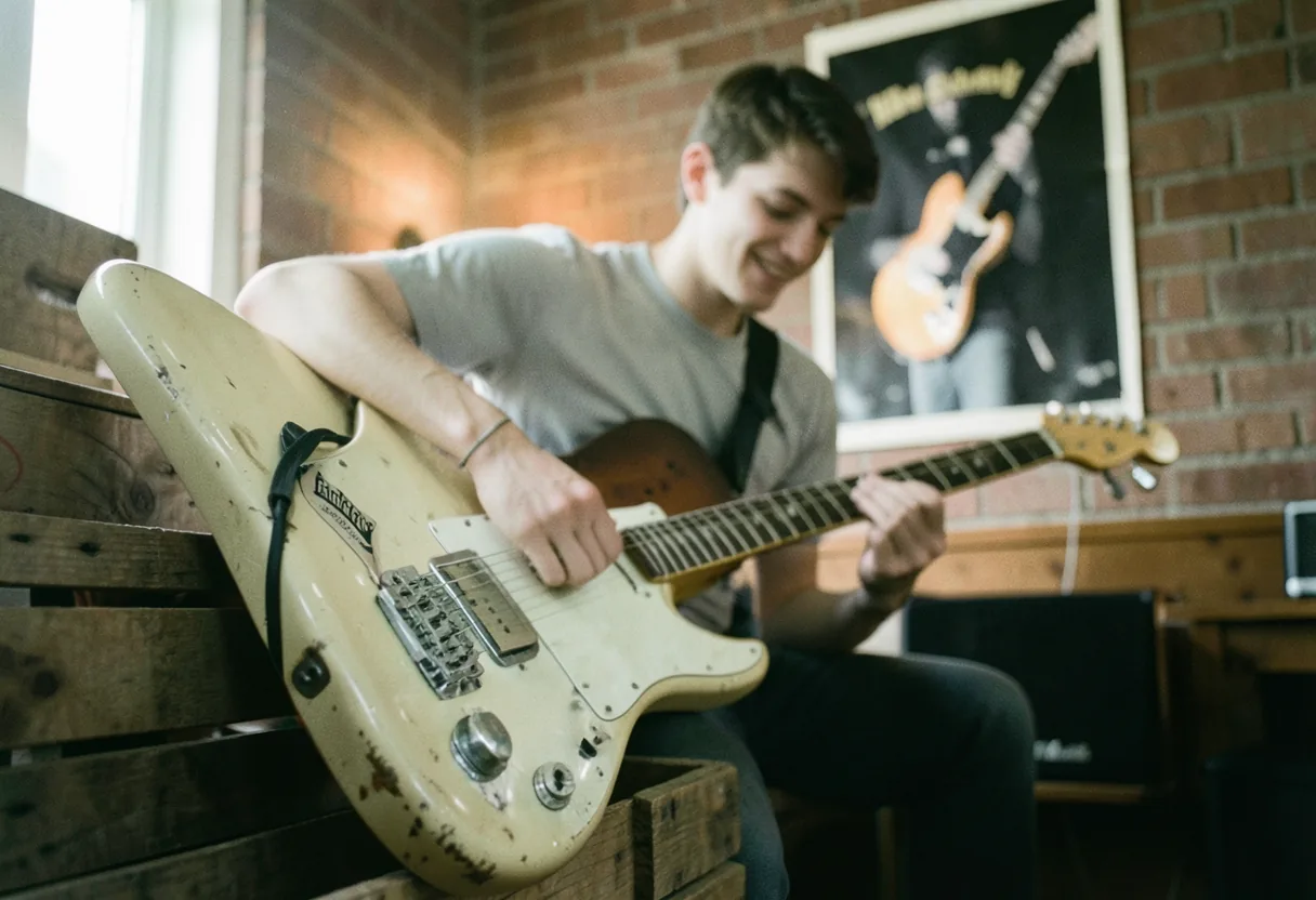 Sun-bleached Fender Squier Stratocaster, best budget electric guitars under 500 dollars.