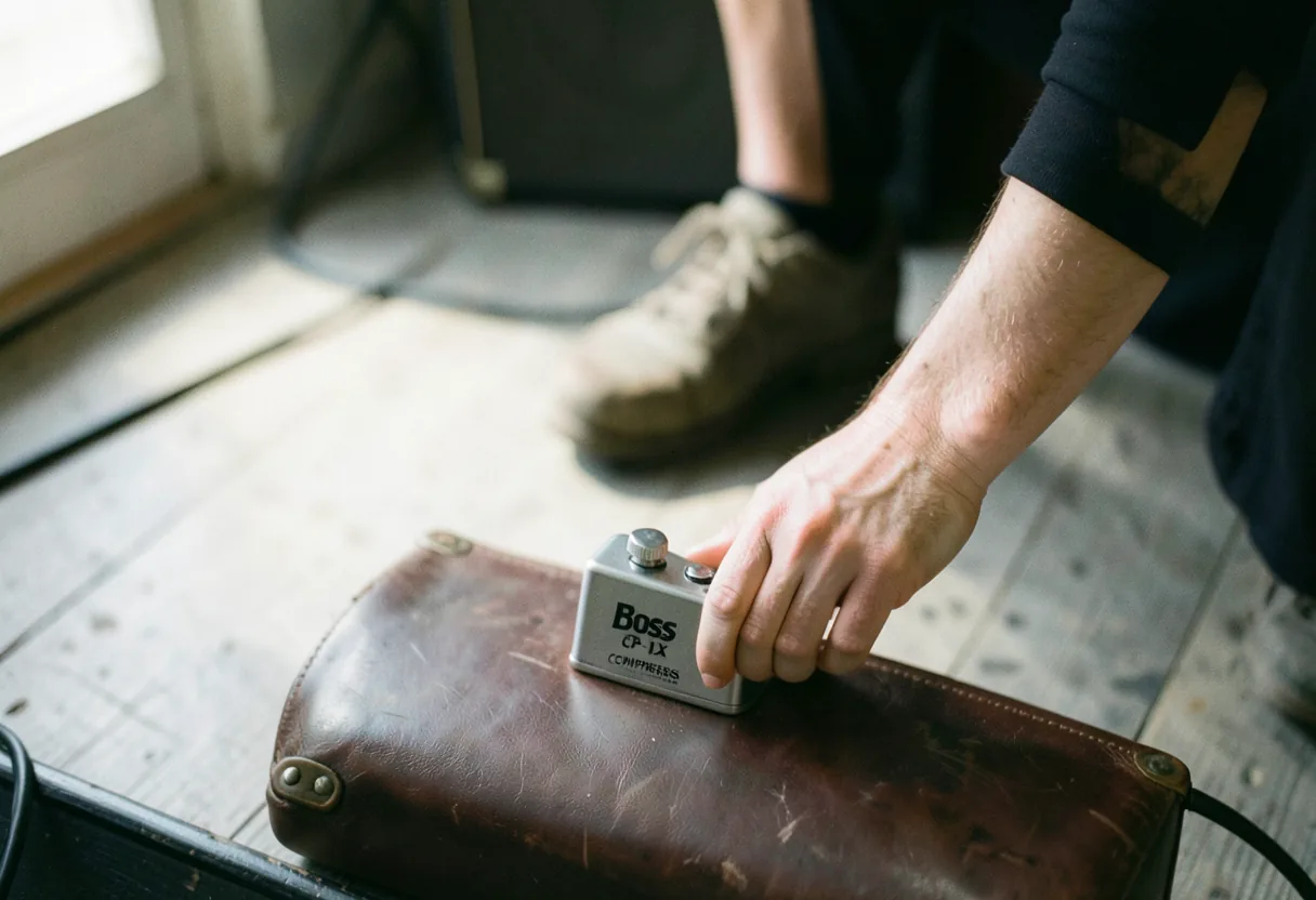A foot pressing a silver Boss CP-1X Compresso pedal, muted lighting, best compressor pedals for clean country tone.
