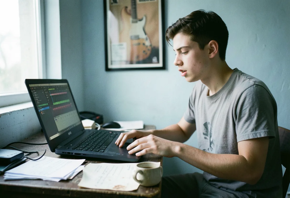 A young musician using a MIDI keyboard at a cluttered desk, best DAWs for beginners.