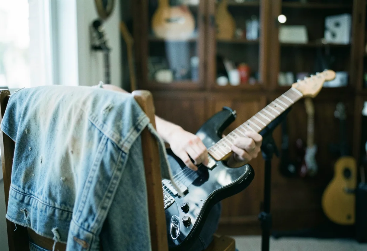 Sun-faded denim jacket on wooden chair, best electric guitars for beginners 2024.