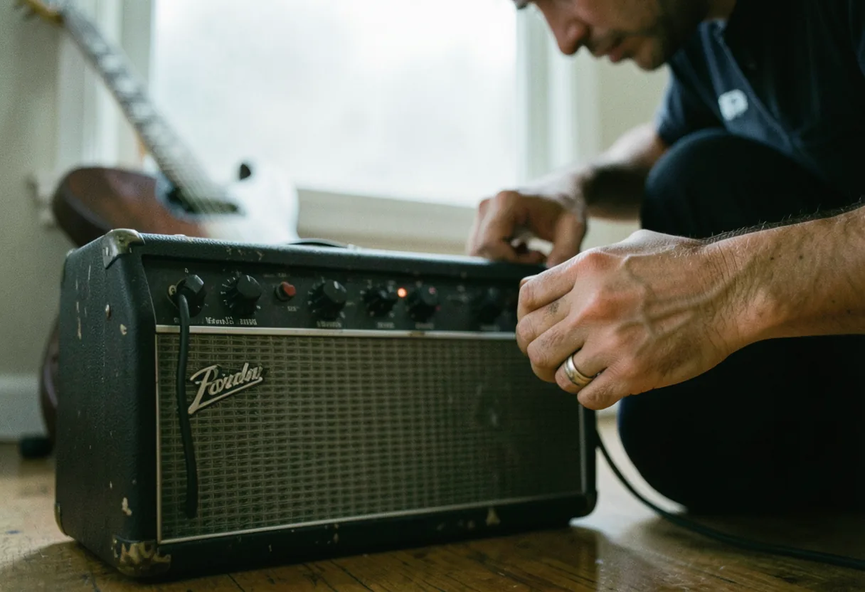 Fender Champion 20 amp in soft, muted lighting, best guitar amplifiers for home practice.