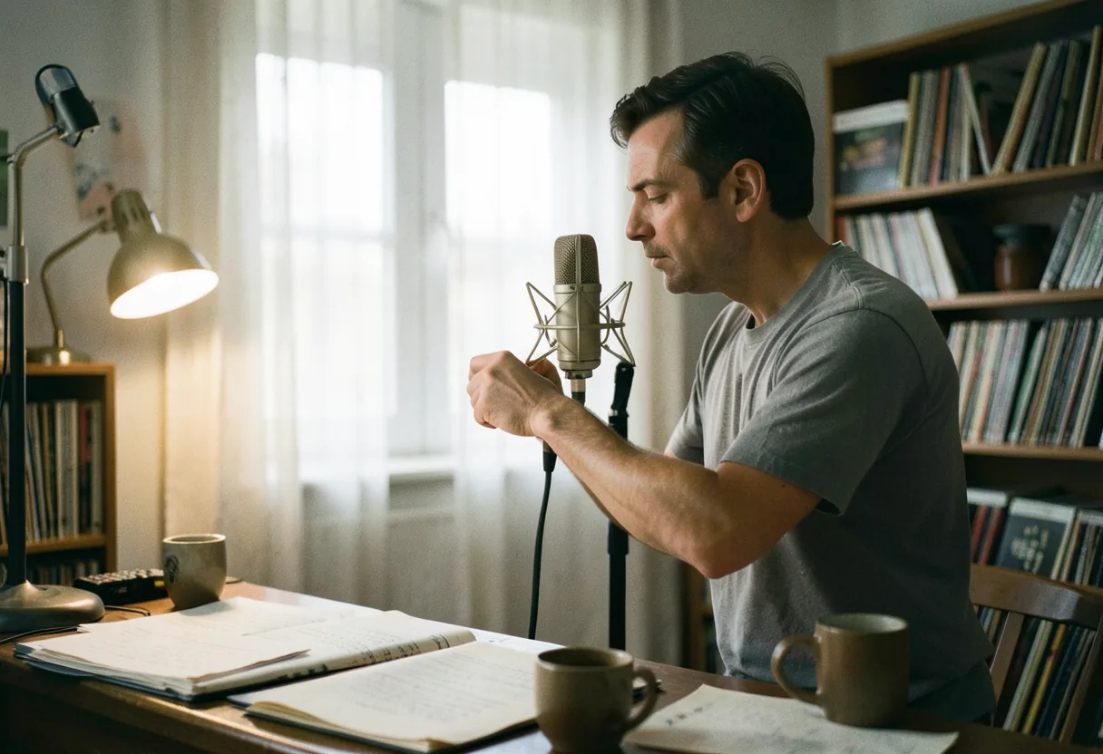 A musician in a cluttered home studio adjusting a microphone, best microphones for recording vocals at home.