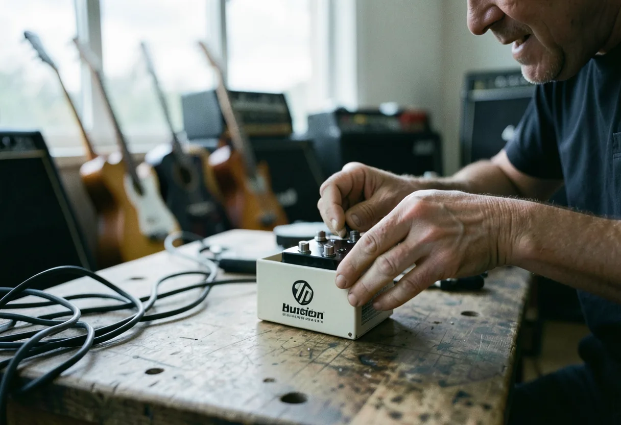 Weathered workbench with music gear, best online music store for gear.