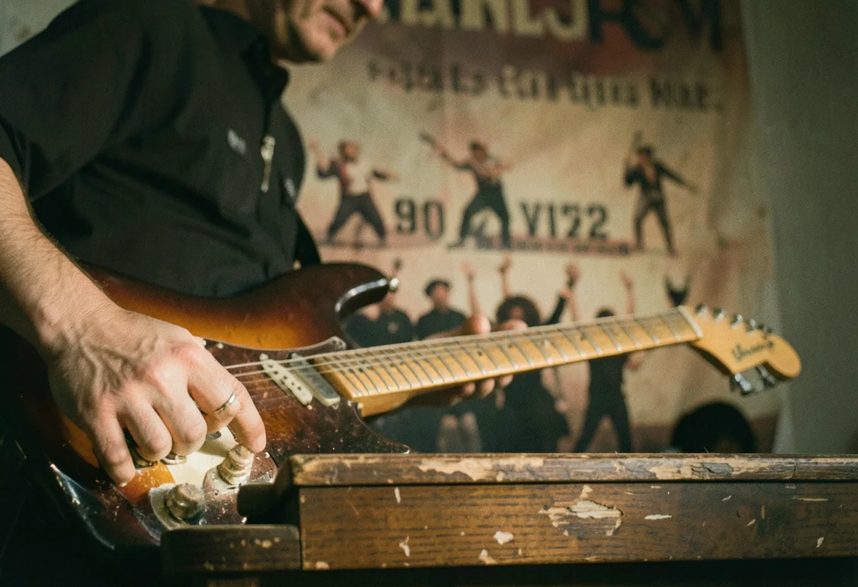 Guitarist poised over vintage Stratocaster, best rewards programs for music gear buyers.