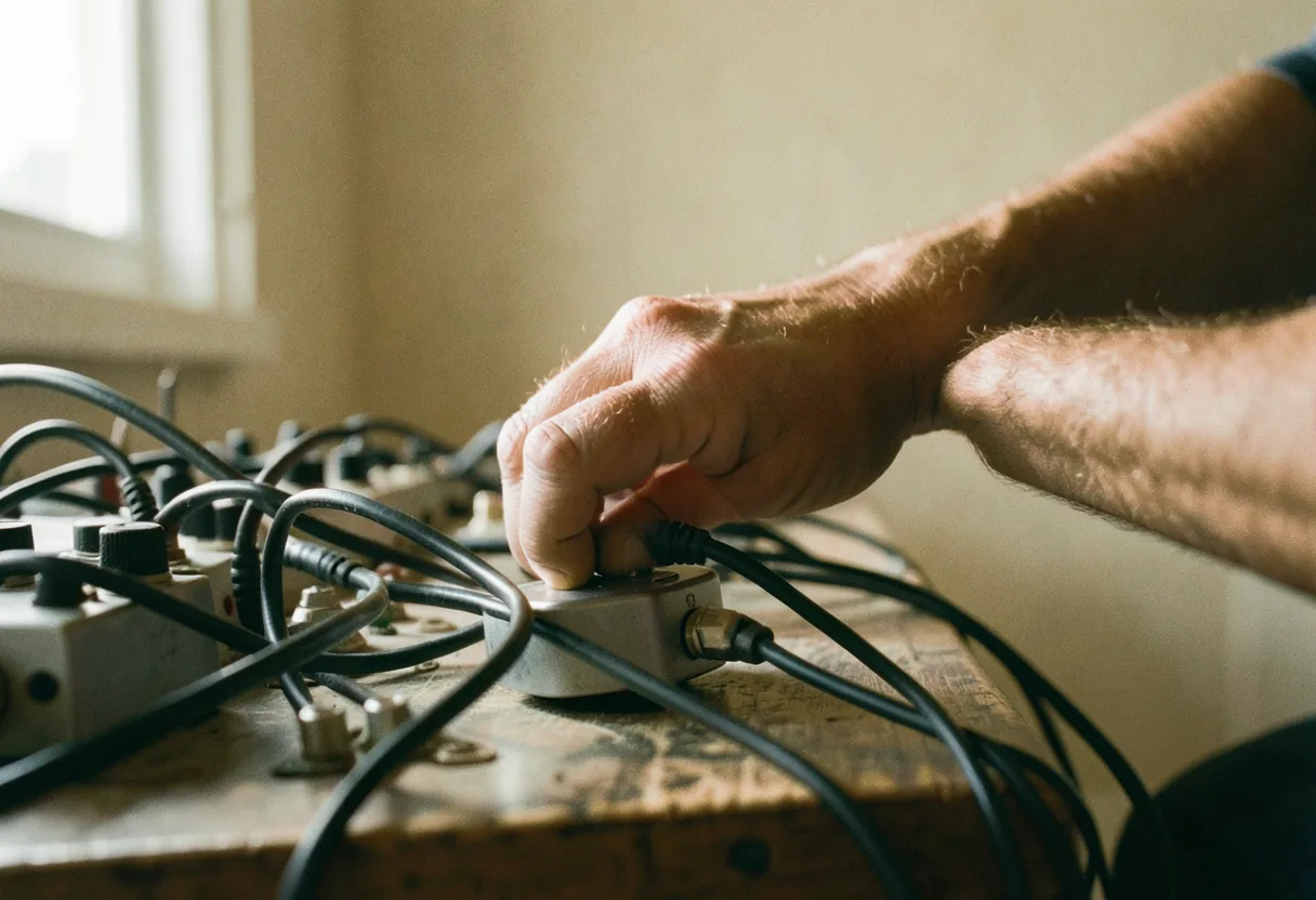 A calloused hand connects guitar pedals in a dimly lit studio, demonstrating pedal order.