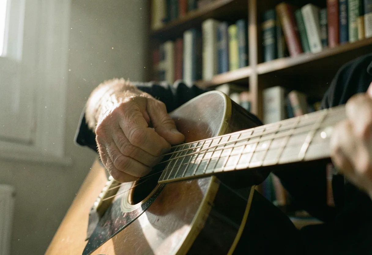 Calloused fingers plucking vintage acoustic guitar strings, muted lighting, fingerstyle technique.