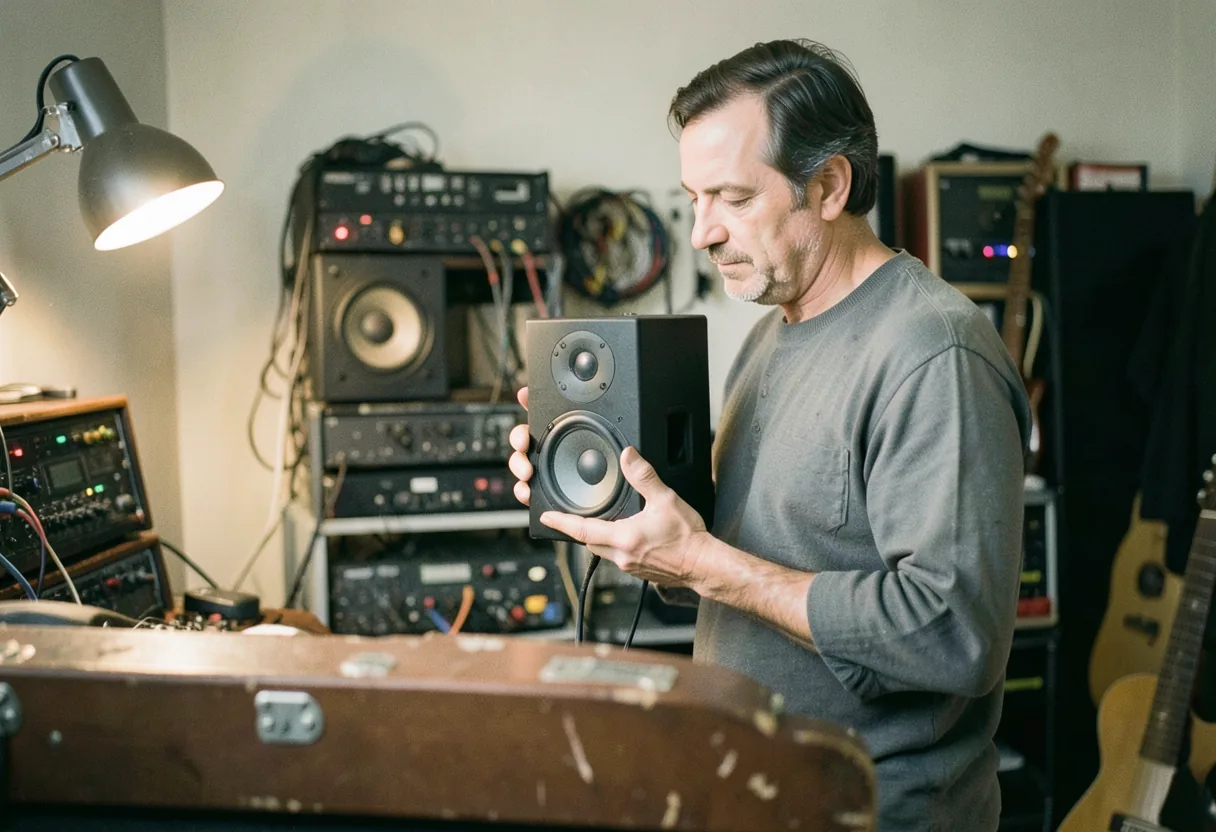 Musician in cluttered home studio, selecting studio monitor speakers.