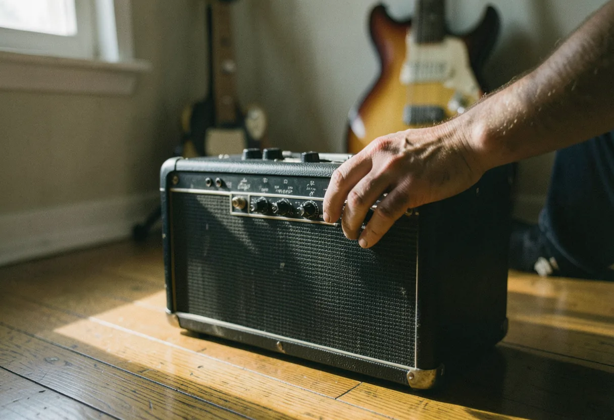 Adjusting knobs on a vintage tube amplifier, dialing in gain stages, muted tones.