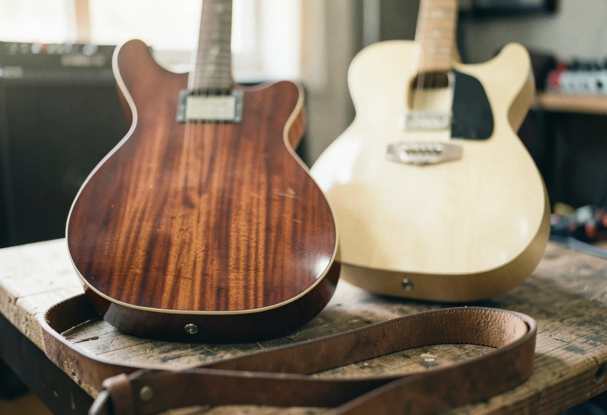 Mahogany and alder guitar bodies side by side in soft, muted lighting.