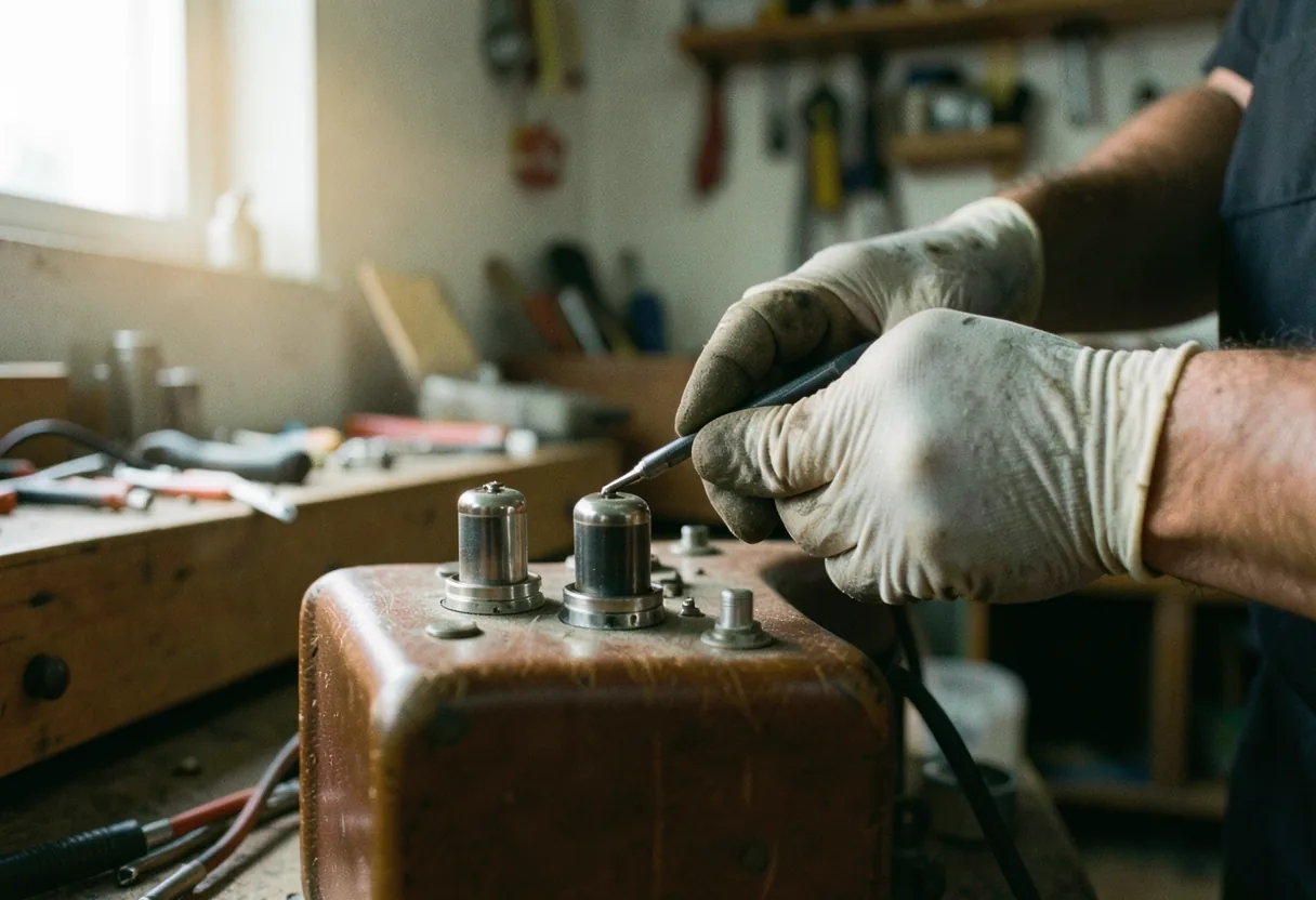 A gloved hand adjusts a vintage tube amplifier's valve, muted colors, soft light.