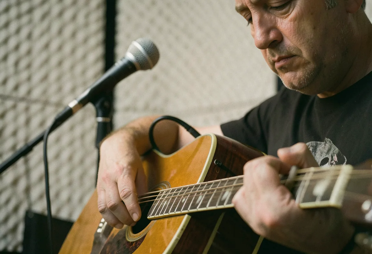 Hands positioning a cardioid microphone near an acoustic guitar for studio recording.