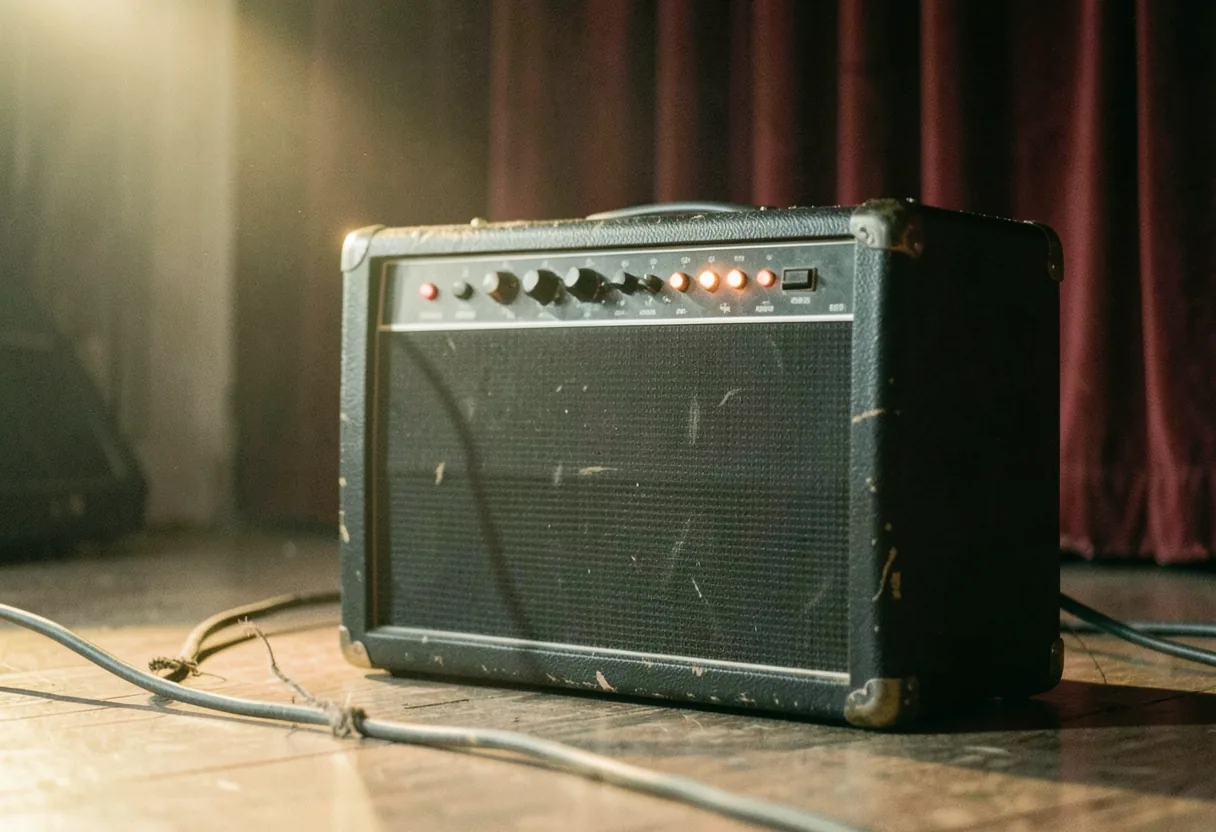 Vintage modeling amp on wood, muted tones, worn black vinyl surface, pros and cons.