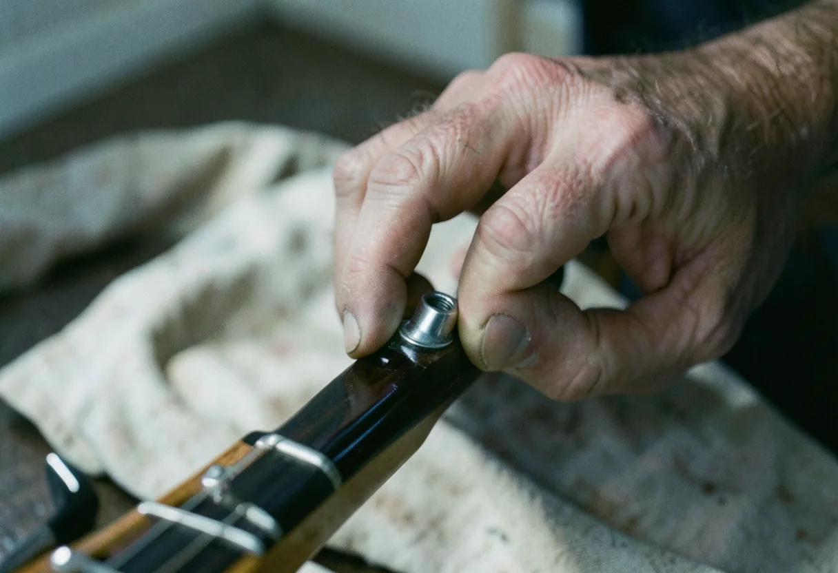 Hand adjusting guitar truss rod, muted colors, soft lighting, close-up view.
