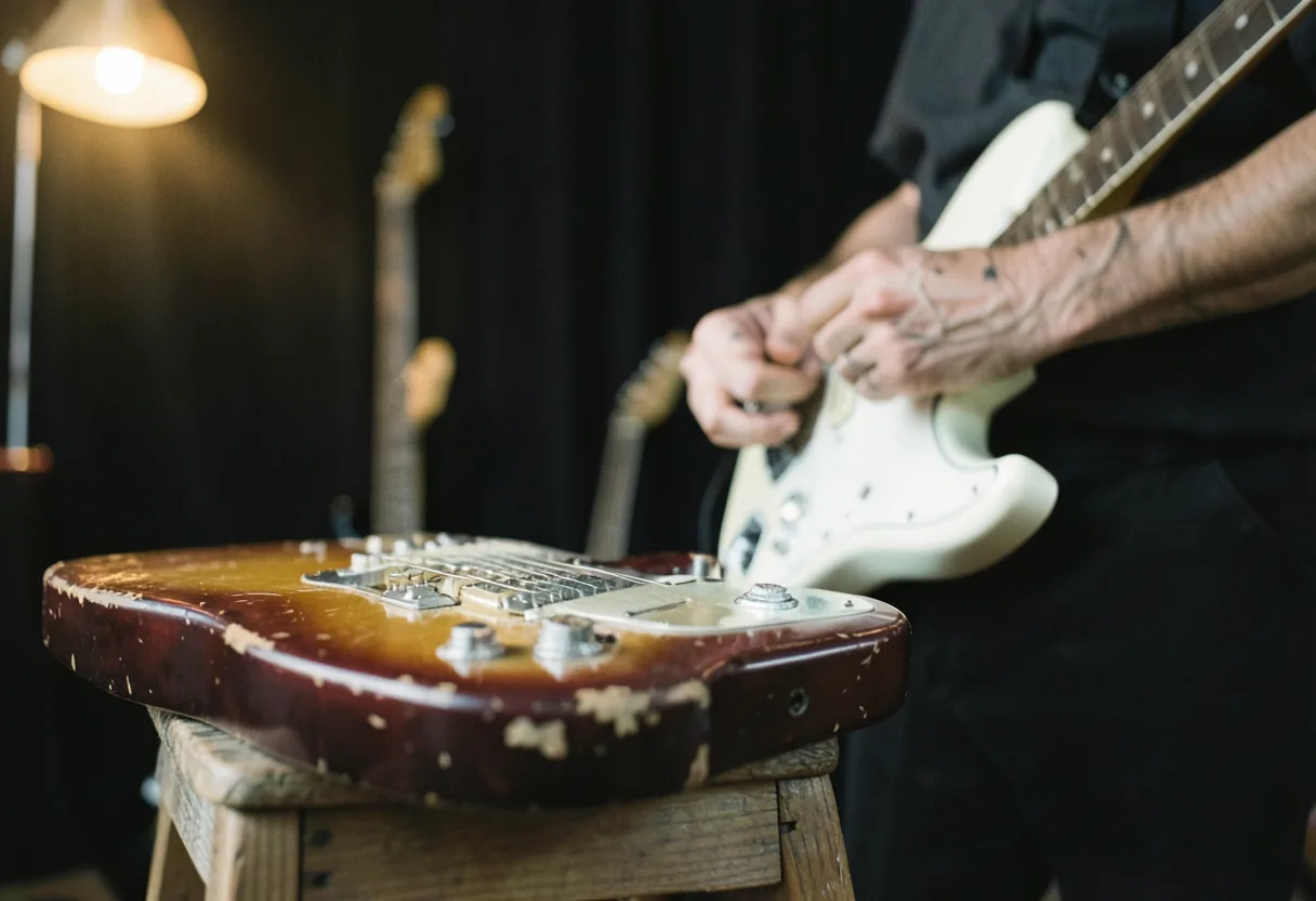 Vintage Stratocaster on weathered wood, muted colors, soft lighting, Stratocaster vs Telecaster.