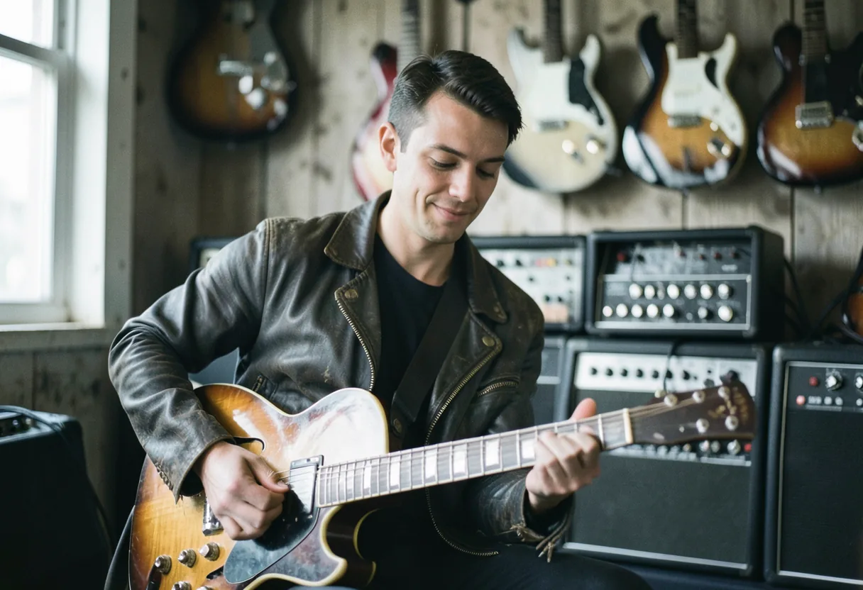 A customer plays a vintage electric guitar in a warmly lit music store.
