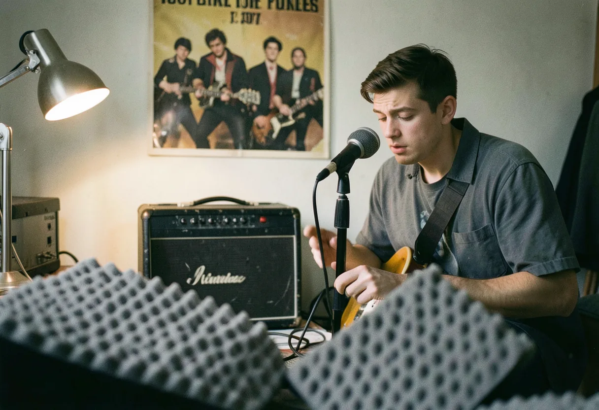 Musician setting up microphone in small, cluttered recording room with soft lighting.