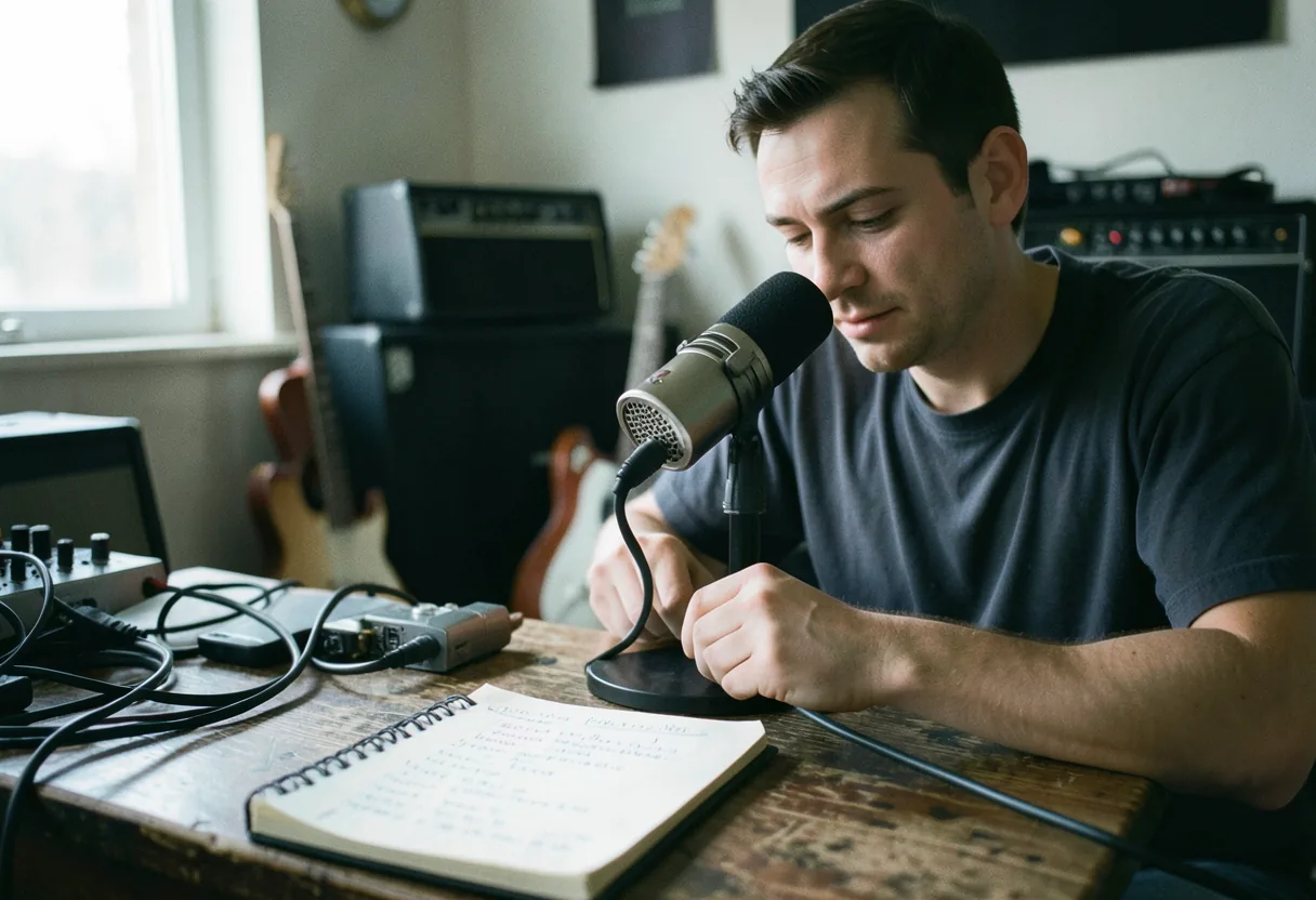 Podcaster adjusting XLR microphone on cluttered desk, muted lighting, vintage style.