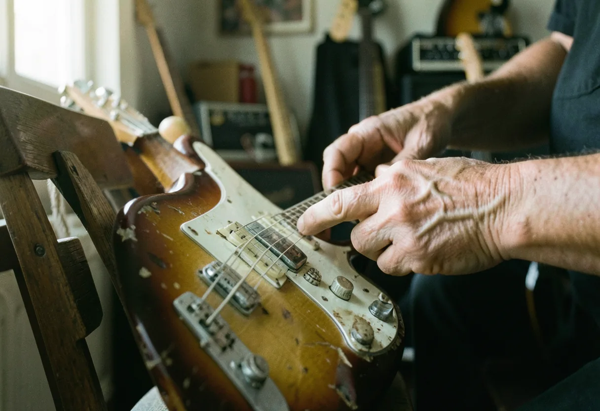A Fender Stratocaster leans against a wooden chair, used musical instruments for sale online safely.